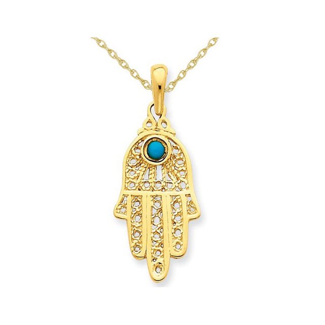 14K Yellow Gold Hamsa Synthetic Turquoise Filigree Pendant Necklace with Chain
