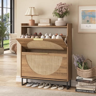 Conate Armoire de Rangement pour Chaussures en Rotin avec 2 Tiroirs Basculants, Armoire Étroite Autoportante pour Chaussures avec Pattes en Métal pour l'Entrée