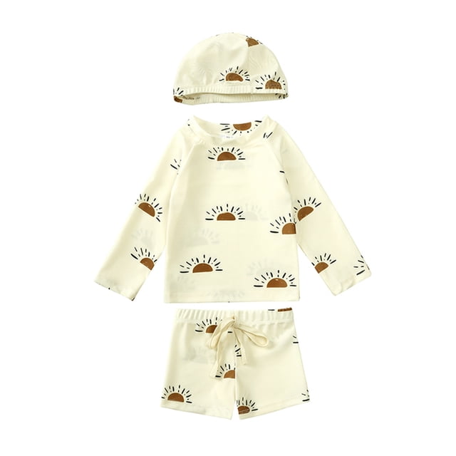 Hiiyo Newborn Boys 3Pcs Swimsuit Long Sleeve Rash Guard Shorts Hat Quick Dry Bathing Suit