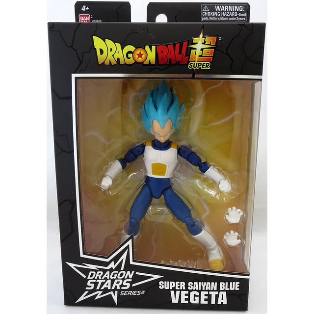 Dragonball Super Dragon Stars 6 Inch Action Figure Series 16 - SS Blue Vegeta by Bandai, displayed in anime-inspired packaging. The figure features Super Saiyan Blue Vegeta with blue hair, white and blue armor, and yellow accents. Includes two sets of switchable hands and 16 points of articulation for dynamic posing. Packaged in a collector-friendly box with Dragon Ball Super branding.