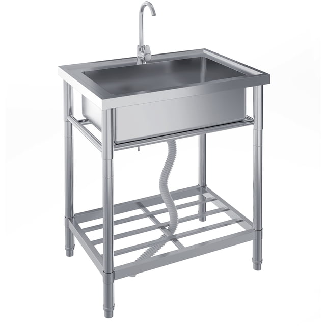 Stainless Steel Utility Sink, 28 Inch Single Bowl Kitchen Sink with Faucet, freestanding commercial sink with a spacious single bowl, built-in storage shelf, and 360° rotating faucet. Includes hot and cold water pipes, PVC drain hose, and backsplash for wall protection. Suitable for garages, shops, laundry rooms, and commercial cleaning tasks.