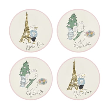 Holiday Time Maison De Noel Collection Festive Paris Mouse Cork Coasters, Round, Decorative Table Protector Pad, 4-Pack