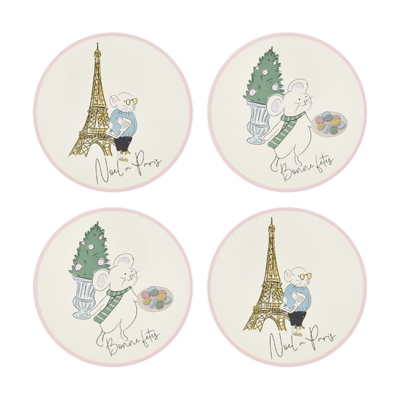 Holiday Time Maison De Noel Collection Sous-verres ronds en liège Paris Mouse festifs, protection de table décorative, 4 pièces
