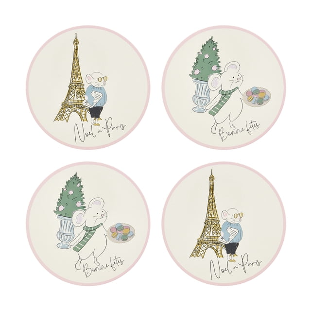Holiday Time Maison De Noel Collection Festive Paris Mouse Cork Coasters, Round, Decorative Table Protector Pad, 4-Pack