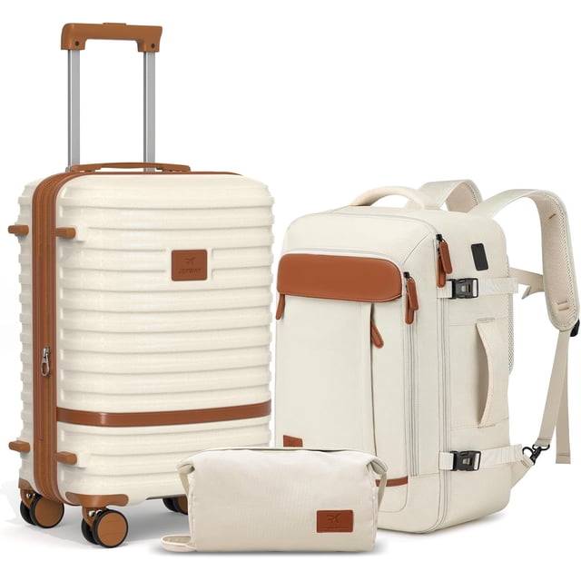 Joyway Ensemble de Bagages Cabine 3 Pcs avec Roues Pivotantes et Cadenas TSA, Doté d'Un design Rigide Léger de Couleur Crème avec accents Bruns. l'Ensemble Comprend une Valise Roulante de 20 Pouces avec Roues Pivotantes à 360° et une Poignée Télescopique en Aluminium, un Sac à Dos Multifonction avec un Compartiment pour Ordinateur et une Manche pour la Tige de Tirage des Bagages, et un Sac de Toilette Assorti. la Valise Est Fabriquée en Matériau ABS durable avec Capacité Extensible et Fermetures Éclair YKK pour un Rangement Sécurisé. Idéal pour les Courts Voyages Ou les Longs Trajets