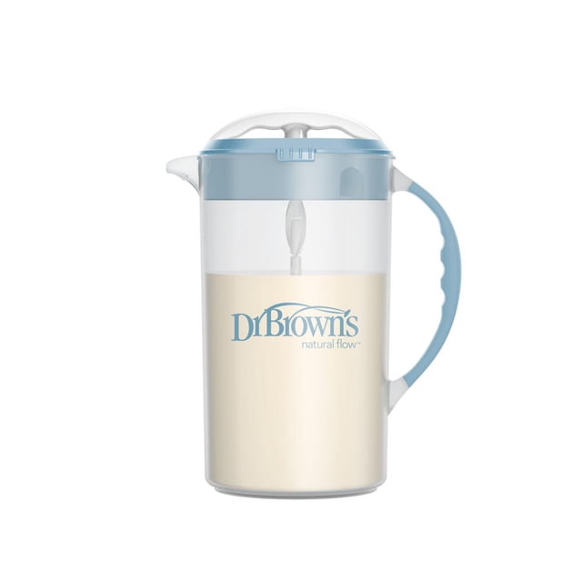 Dr. Brown's Baby Formula Mixing Pitcher with Adjustable Stopper, Locking Lid, No Drip Spout, 36oz, BPA-Free, Blue, 1-Pack, featuring a clear cylindrical body half-filled with formula, light blue ergonomic handle and lid, internal mixing blade, and spill-proof locking mechanism for easy, clump-free formula preparation.