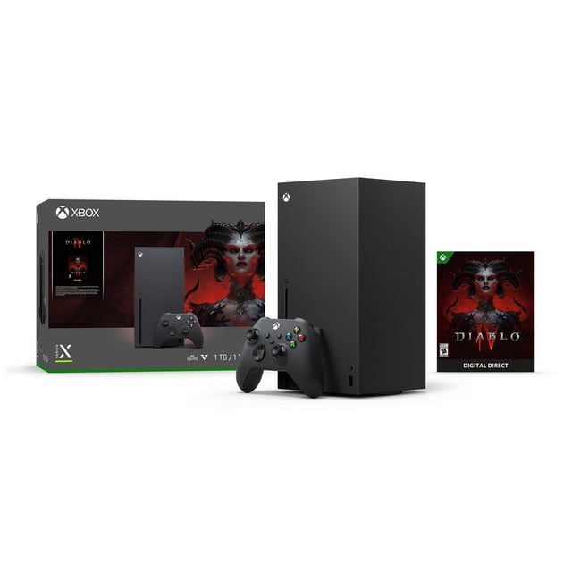 Xbox Series X – Diablo IV Bundle with the matte black Xbox Series X console featuring a front disc drive, an Xbox Wireless Controller, the Diablo IV Digital Direct game case, and the bundle box showing Diablo IV artwork and Xbox branding with 1TB storage.