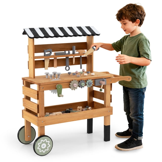 Gymax 2-in-1 Wooden Kids Cart & Tool Bench Play Workbench w/Realistic Tools Top Canopy