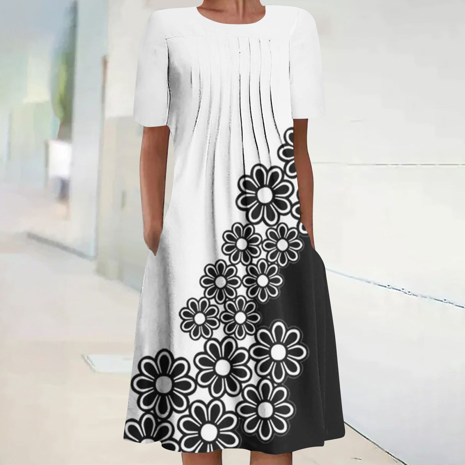 Robes Maxi pour Femmes 2023 Décontractées Robe d'Été Bohème à Imprimé à Manches Courtes Robe de Plage Longueur Genou Robe à Manches Courtes en Liquidation