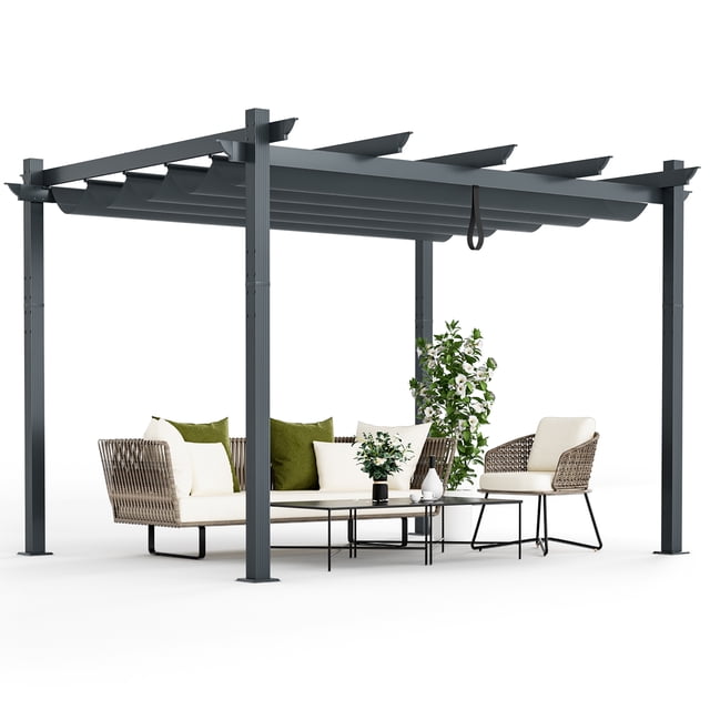 Costway Pergola Rétractable d'Extérieur en Aluminium 10 X 12 Pi Abri pour Treillis à Vignes en Gris, Doté d'Un Cadre en Aluminium Enduit de Poudre avec un Auvent Rétractable en Tissu Teint en Fil. la Pergola Comprend un Système de Verrouillage, des Poulies Flexibles et des Pieds en Métal Pré-Percés pour la Stabilité. Présentée dans un Décor de patio avec des Meubles et des Plantes d'Extérieur, Idéale pour l'Ombre, les Rassemblements Ou comme Treillis à Vignes.