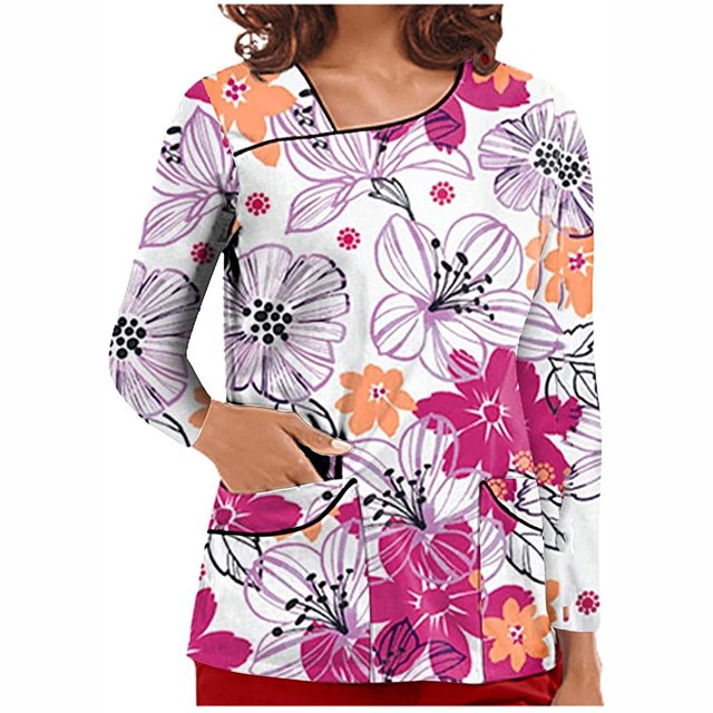 Pompotops Hauts à Col en V pour Femmes, Uniforme de Travail, T-Shirt Imprimé à Manches Longues avec Poches