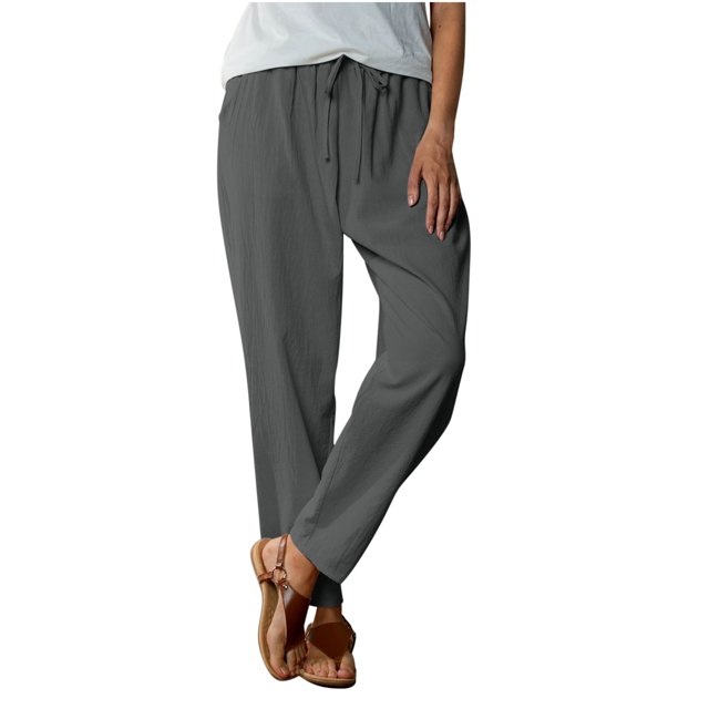 Summer Clearance! Womens Plus Size Pants,Summer Pants for Womens,Women's Solid Color Cotton Linen Waist Elastic Drawstring With Pocket Pants Long Pants