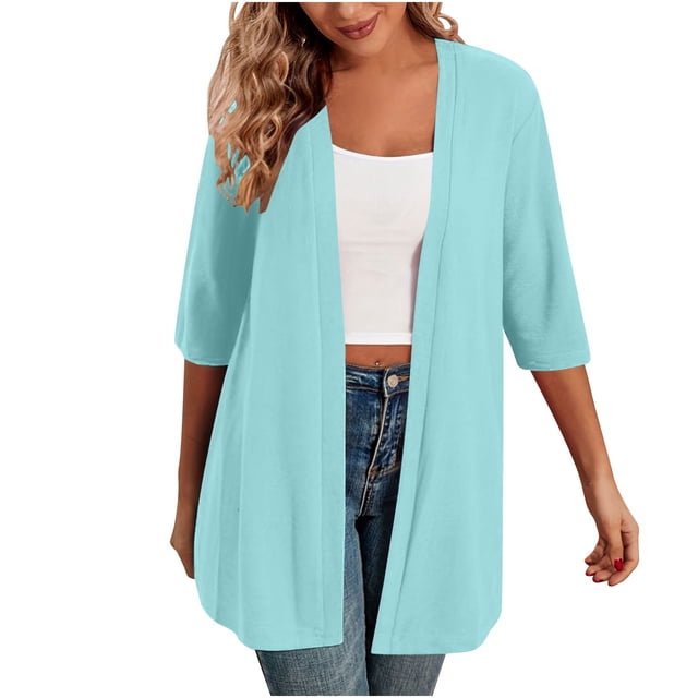 Timegard Cardigans for Women 1/2 Sleeve Open Front Lightweight Solid Color Casual Loose Jacket Tops