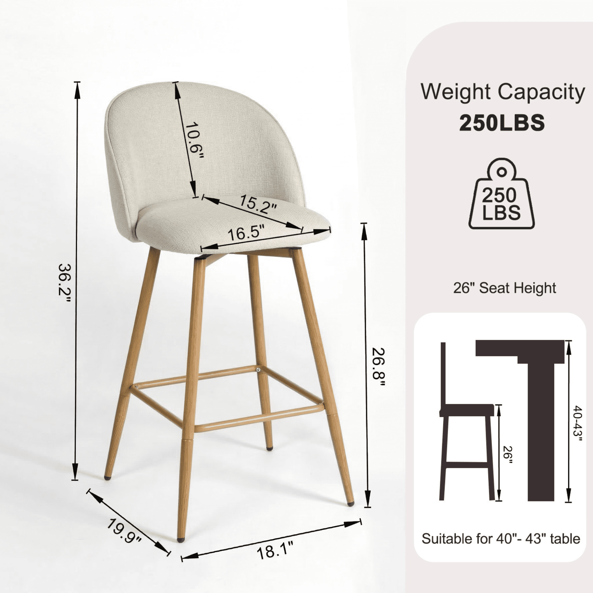 Homy Casa Set of 2 Swivel Bar Stools, Adjustable Height Fabric Barstools with Back and Metal Base, Beige