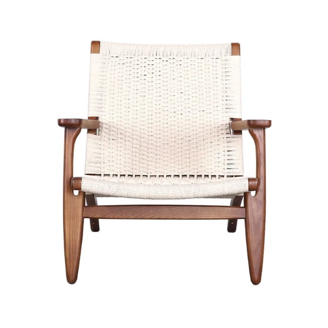 Plata Décor Import Inc – Ash Lounge Chair Walnut White with a walnut-finished wood frame and woven white rattan seat and backrest, designed for comfort with supportive armrests and a low-profile silhouette, ideal as a kids' accent chair or lounge seating.