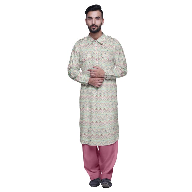 Atasi Printed Rayon Pathani Kurta With Solid Salwar For Mens Party Wear