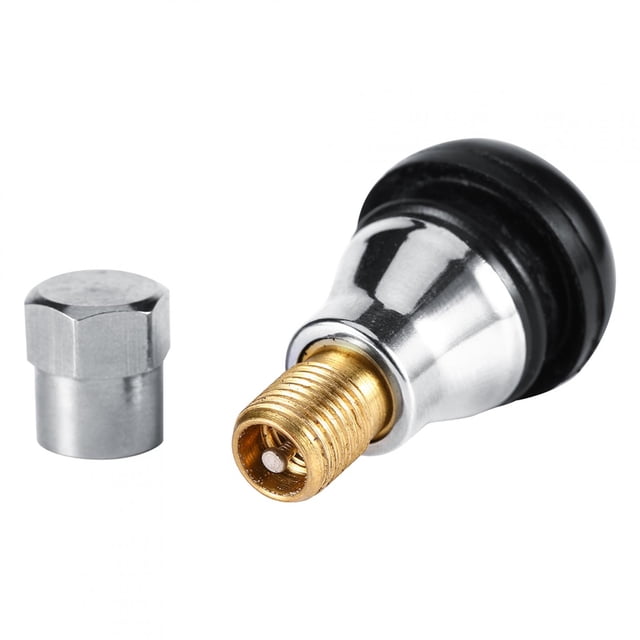 Valve Stem, Waterproof Dustproof Sealing Performance Tire Valve Stem made of rubber, copper, and zinc. Features a black and metallic finish with a threaded gold tip and a protective cap. Measures approximately 3.5 cm in length and fits 11.5 mm rim holes. Suitable for car and motorcycle tubeless tires, offering high temperature resistance, durability, and long-lasting sealing performance.