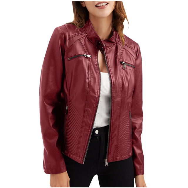 Veste en Cuir Décontractée pour Femmes avec Col Montant Veste Ajustée Couleur Unie pour Femmes