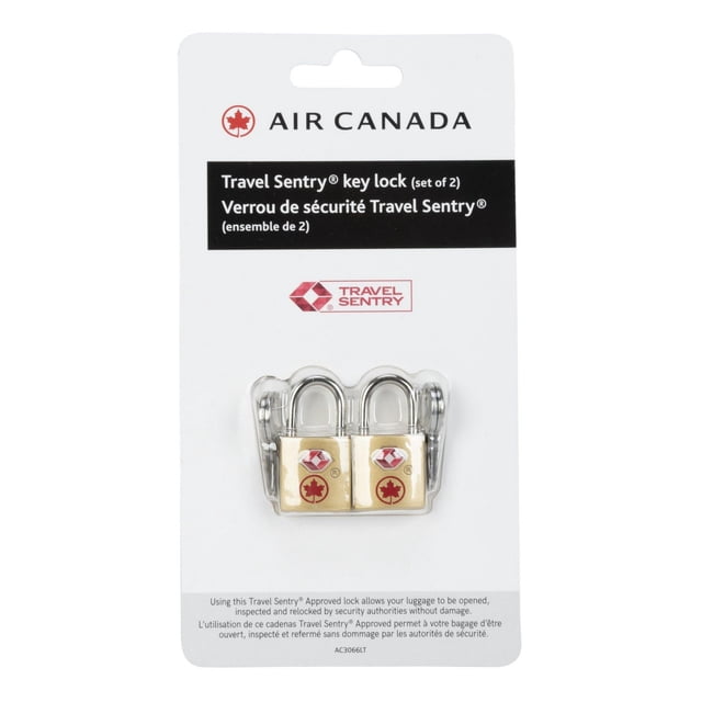 Air Canada TSA Key Locks Set of 2 featuring brass Travel Sentry approved padlocks with red maple leaf and Travel Sentry logos, including four user keys, designed for secure luggage protection and TSA inspection without damage.