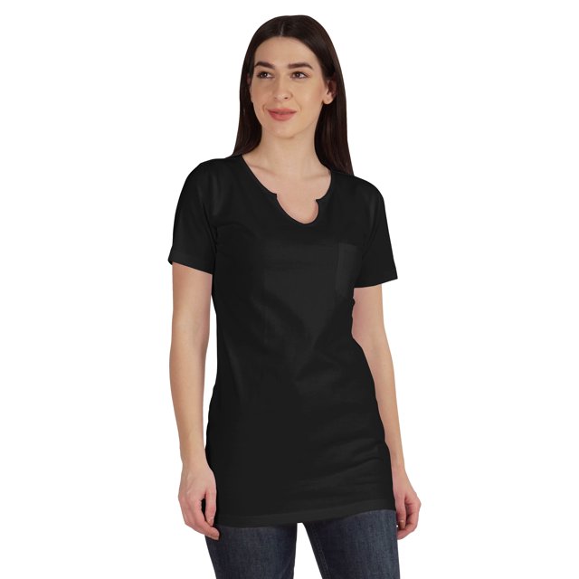 Inkmeso Long Length Notch Neck Top For Women Basic Cotton Tee Shirt w/ Pocket Patch Legging Top