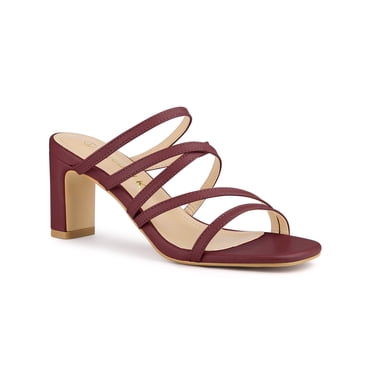 BLISSFUL STEP Women's Slip-On Crisscross Strap Block Heels Sandals Burgundy (Size 7.5)