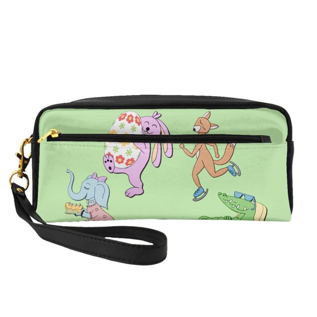 Leather Portable Travel Small Makeup Bag, Multifunctional Storage Bag, Green Fun Animal Party Pencil Case