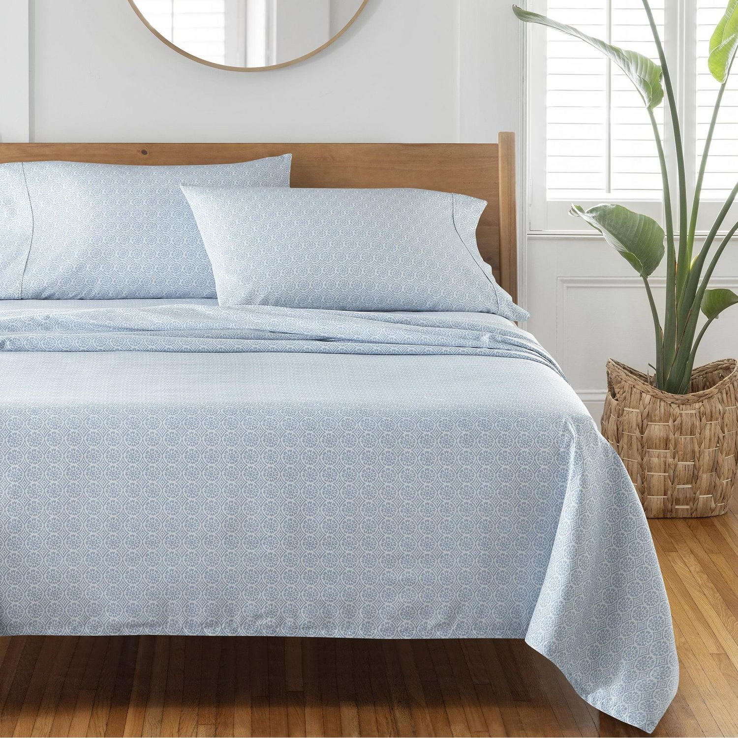 Better Homes & Gardens Ensemble de draps en satin de coton 300 fils, 4 pièces – Eau bleue Suzani, Très grand lit (King)