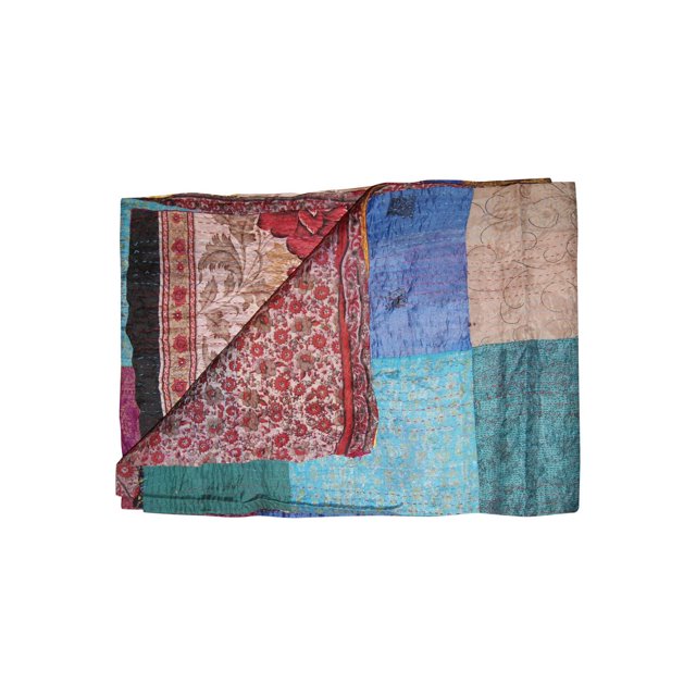KANTHA SILK THROW BLANKET 60"X90" showcasing a folded, handcrafted quilted patchwork of blue, teal, beige, and red floral fabrics made from 100% silk, suitable for use as a throw blanket, wall hanging, or table cover with natural vintage variations.