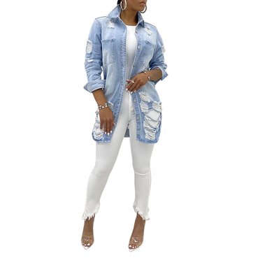 LUXUR Vestes Camionneur en Denim Usé pour Femmes Trou Automne Veste en Jean Bleu Pâle 2TG