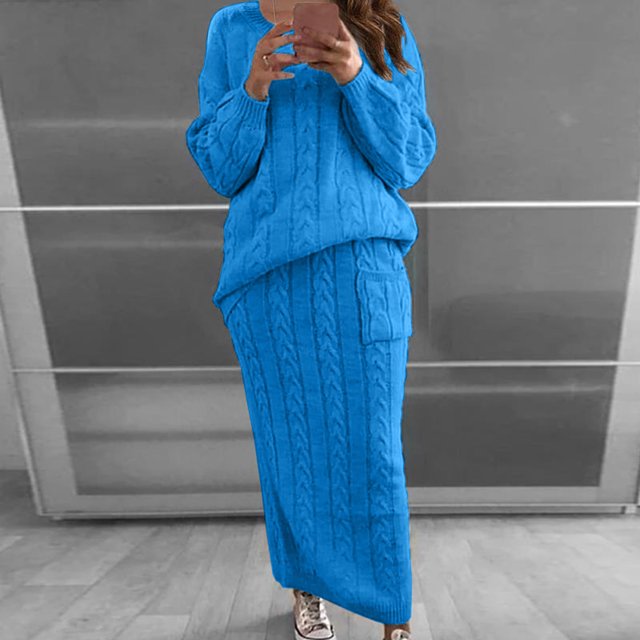 DPTALR Womens Solid Color Round Neck Long Sleeve Cable Knitted Warm Two-Piece Skirt Sweater Suit Set