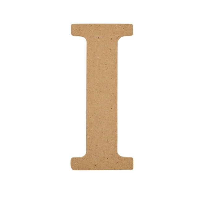 Plaid Unfinished Wood 5" Letter, I, a centered front-facing 5-inch MDF wooden letter in natural unfinished brown with a smooth surface, designed for painting, staining, or decorating for crafts and personalized home decor.