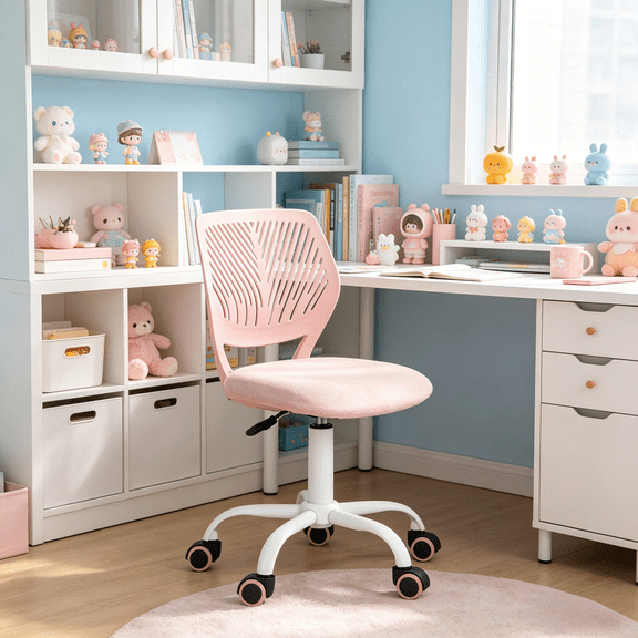 Homy Casa Pink Kids Desk Chair, Adjustable Swivel Small Task Chair with Wheels, Armless Study Chair for Bedroom