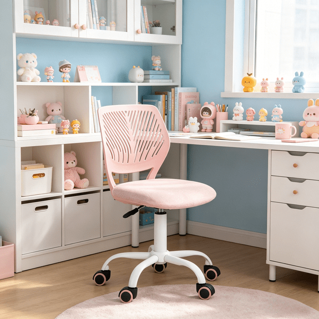 Homy Casa Pink Kids Desk Chair, Adjustable Swivel Small Task Chair with Wheels, Armless Study Chair for Bedroom
