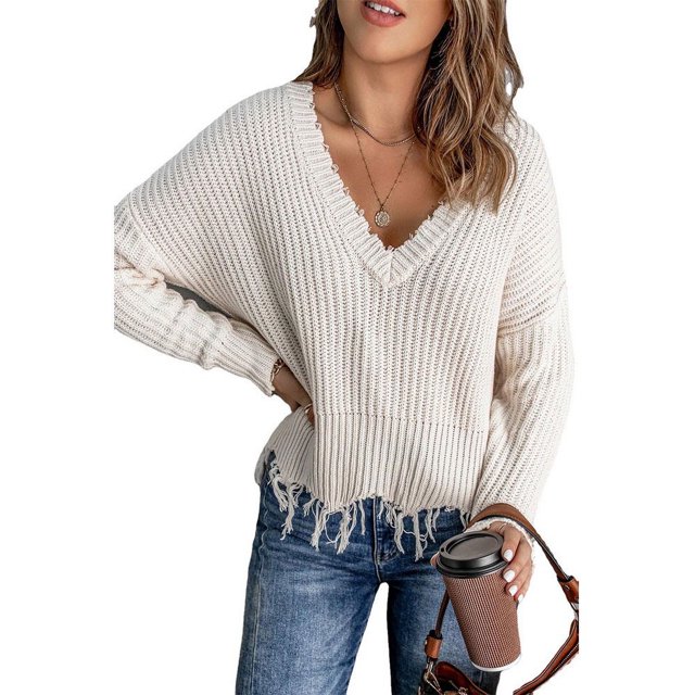Mode des Femmes Bloc de Couleur Pull Manches Longues Creux Pompons en Détresse Pull