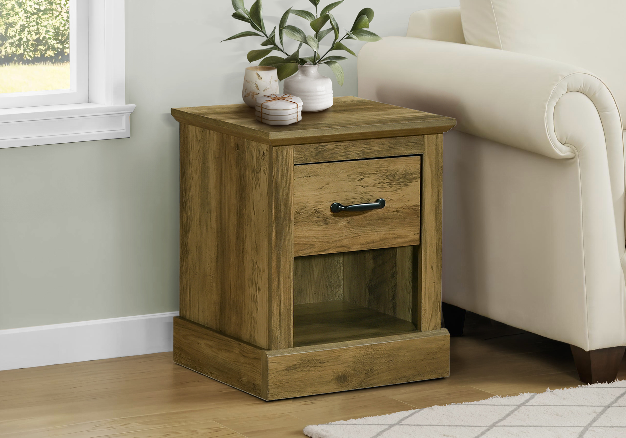 Monarch Specialties - Table D'Appoint, 21"H, Bout, Table D'Appoint, Tiroir De Rangement, Table De Nuit, Lampe, Salon, Chambre À Coucher, Stratifié Chêne Brun Foncé, Transitionnel