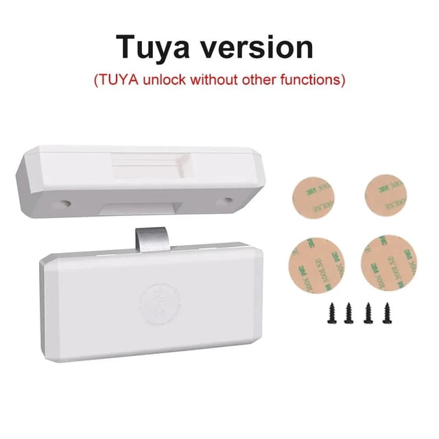 Smart Drawer Lock Tuya APP/EM Card Unlock, a white electronic NFC sensor lock with invisible installation using 3M adhesive pads and screws. Ideal for file cabinets, office drawers, gym lockers, and other furniture. Compatible with Tuya app for keyless unlocking and supports multiple languages. Part of door hardware and deadbolts category.