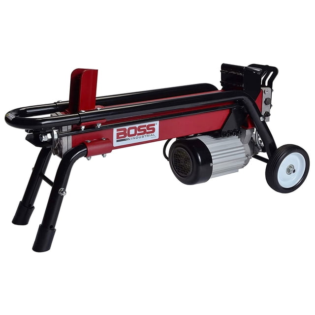 Boss Industrial 7 Ton Lightweight Portable Hydraulic Electric Home Log Splitter in a red and black design. Features a 2-horsepower electric motor, 5-inch steel wedge, and built-in side rails for stability. Includes rubber wheels and a front handle for portability. Capable of splitting logs up to 20.5 inches long and 10 inches in diameter. Measures 39.5 x 13.5 x 20 inches.