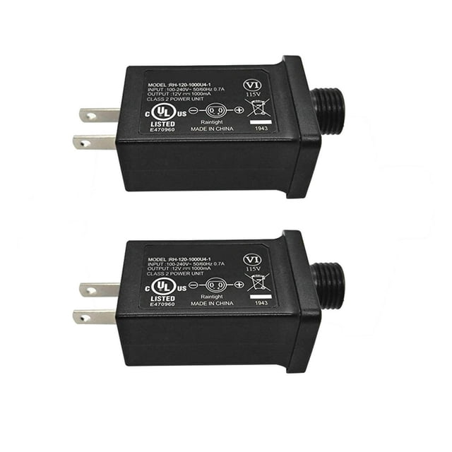 Alimentation 12V 1A Classe 2 à DEL Transformer pour Guirlandes Lumineuses et Appareils Gonflables, Présentant un design Rectangulaire compact Noir avec Marquages de certification UL et Spécifications d'Entrée/sortie. Idéale pour les applications Domestiques, de Jardin et de Petite Pelouse, et Convient à une Utilisation dans les garages Ou comme Pièce de Convertisseurs d'Alimentation dans les Outils Automobiles.