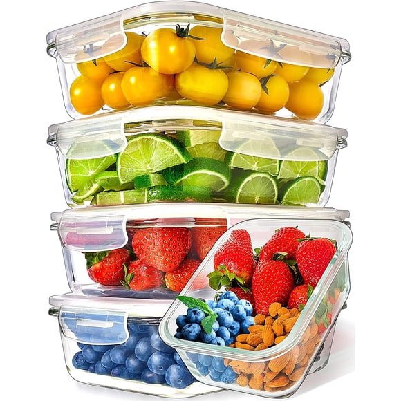 PrepNaturals 5 Pack Glass Food Storage Containers with Lids - Leakproof Glass Meal Prep Containers - Bento Box for Lunch - Dishwasher, Microwave, Oven & Freezer Safe (Multi-Compartment)