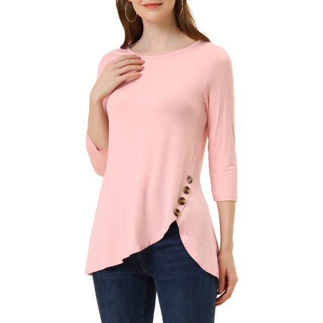 INSPIRE CHIC Hauts pour Femmes Col Rond Manches 3/4 Décor Boutons Ourlet Irrégulier Blouse Style Décontracté TP Rose Pâle