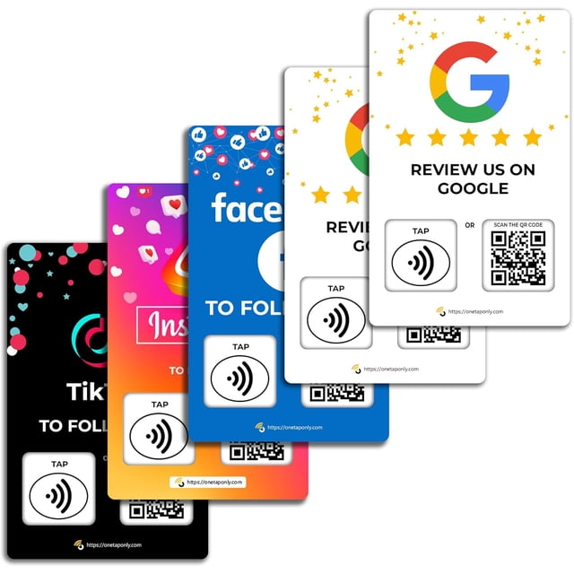 Custom Reusable Tag-Tap/QR Social Review Card -5 Pack Instant Social Reviews Card - QR Code and NFC Cards for Business, Social Review Tap Card