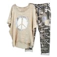 thumbnail image 2 of Jsaierl Ensembles en Lin pour Femmes 2 Pcs Imprimé Col Rond Demi-Manche Pull Chemise Hauts et Pantalons Ensemble, 2 of 8