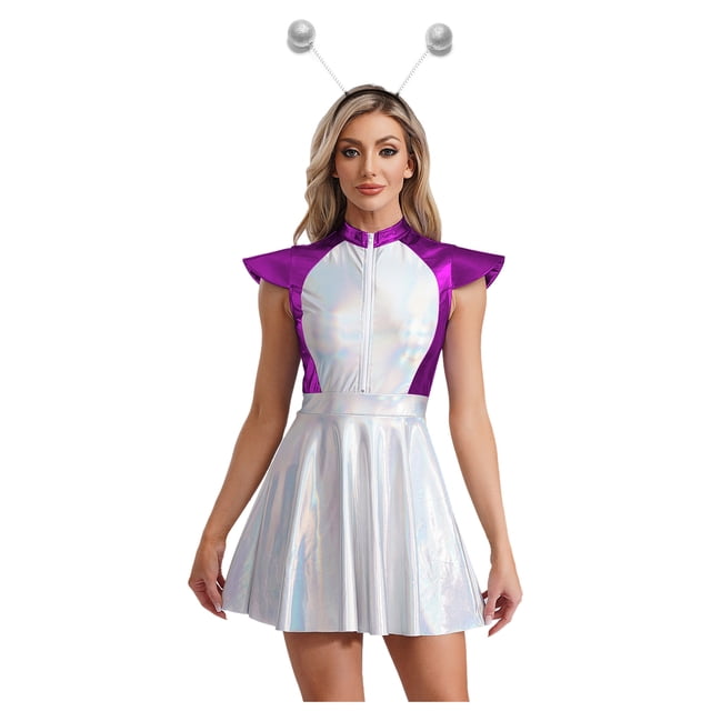 LiiYii Ensemble de Costume d'Alien de l'Espace pour Femmes, Robe Mini Évasée Trapèze à Manches Cap, avec Cheveux, Violet m