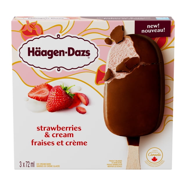 HGDZS Boîte de Confiture et de Crème Glacée Contenant Trois Barres de Crème Glacée de 72 ml avec Crème Glacée Crémeuse à la Fraise Enrobée de Chocolat au Lait, Affichant des illustrations de Fraise et de Crème Fraîches, Fabriquées au Canada avec des Produits Laitiers Canadiens.