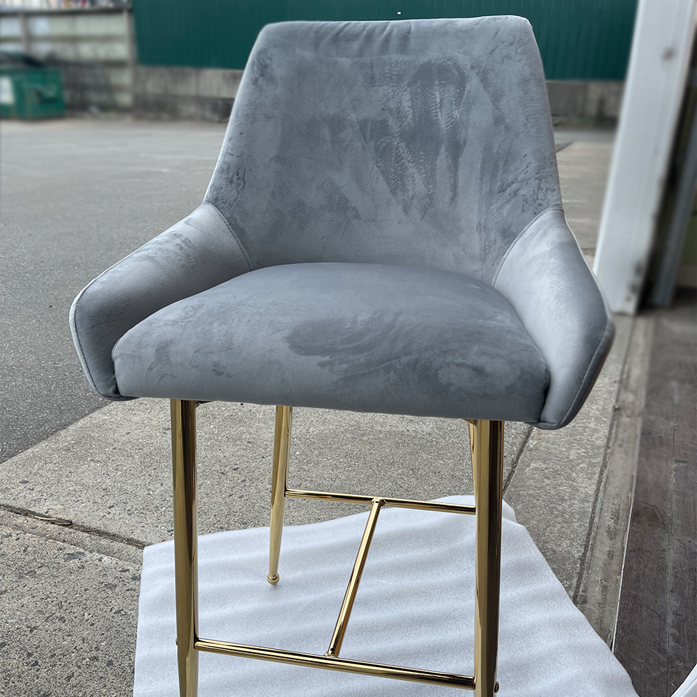 Heavenly Collection Ensemble de 3 Tabourets de Comptoir Modernes en Velours Gris - Tabourets Rembourrés Mid-Century avec Pieds Dorés - Idéal pour Îlots de Cuisine