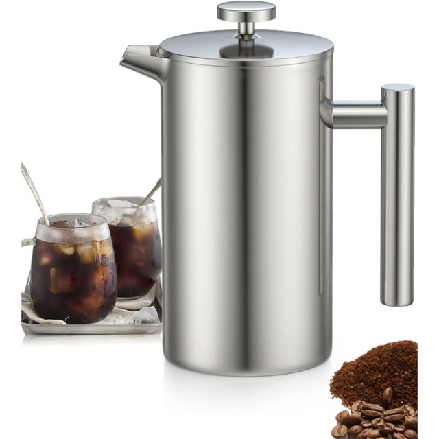 1L Stainless Steel French Press Coffee Maker, French Press with Triple Filters, French Press with Keep Warm Function and Steel Plunger