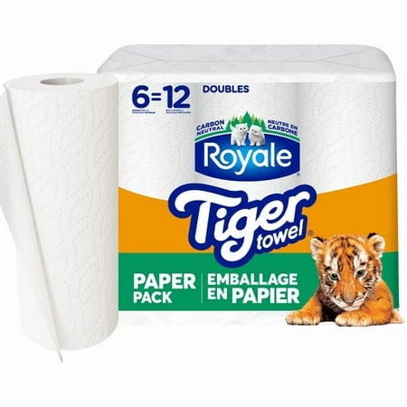 Tiger Towel Recyclable Paper Packaging, 6 Equal 12 Paper Towel Rolls, 98 Sheets per Roll