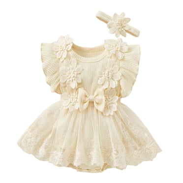 MIASHUI Barboteuse-Robe pour Bébé Fille Tenue de Premier Anniversaire Jupe de Princesse Vêtements pour Filles, Beige, 12-18 Mois