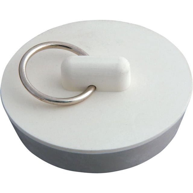 Peerless 1-3/4-In Basin Stopper in white, round rubber stopper with flat top and metal ring for easy removal, fits 1-3/4-inch drains in sinks, laundry tubs, and other bathroom fixtures, also suitable for sealing similar drain openings.
