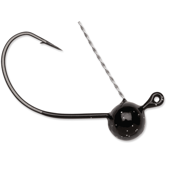Wacky Weedless Jig 1/8 Black featuring a close-up of a black 1/8 oz weedless jig head with a curved hook offset by 3 degrees, a glossy round weighted head, a twisted wire weed guard, and an extra wide gap to accommodate various wacky rigged baits, suitable for fishing terminal tackle.